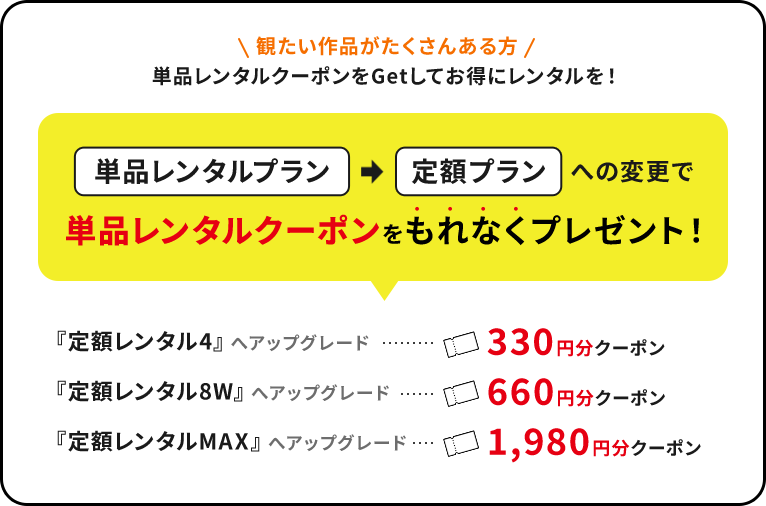 観たい作品がたくさんある方。単品レンタルクーポンをGetしてお得にレンタルを！「単品レンタルプラン→定額プランへの変更」で単品レンタルクーポンをもれなくプレゼント！定額レンタル4へアップグレード　　⇒「単品レンタルクーポン330円分クーポン」定額レンタル8Wへアップグレード　⇒「単品レンタルクーポン660円分クーポン」定額レンタルMAXへアップグレード　⇒「単品レンタルクーポン1,980円分クーポン」