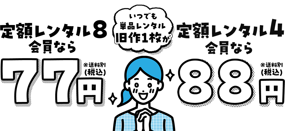 いつでも単品レンタル旧作1枚が、定額レンタル8会員なら77円（税込）※送料別、定額レンタル4会員なら88円（税込）※送料別