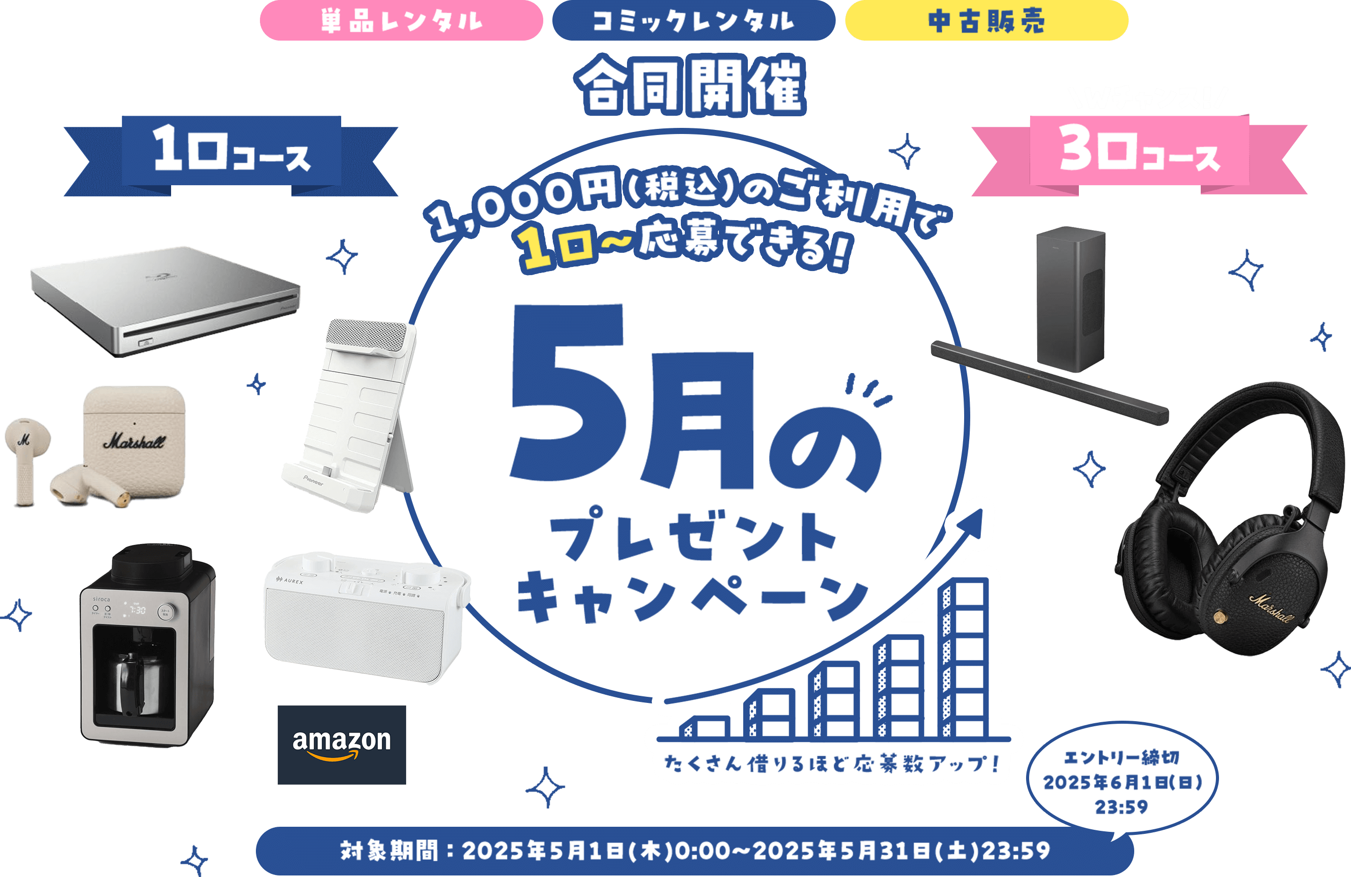 単品レンタル コミックレンタル 中古販売 合同開催 1,000円(税込)のご利用で 1口~応募できる! 5月のプレゼントキャンペーン 対象期間:2025年5月1日(木)0:00~2025年5月31日(土)23:59 エントリー締切 2025年6月1日(日)23:59